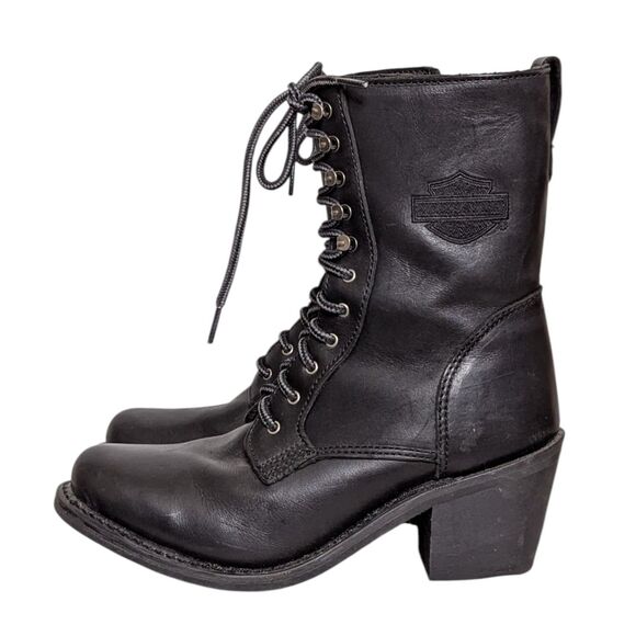 Harley Davidson Black Boots Size 8 Women's Lace Up Moto Biker Combat Heeled - Picture 7 of 15